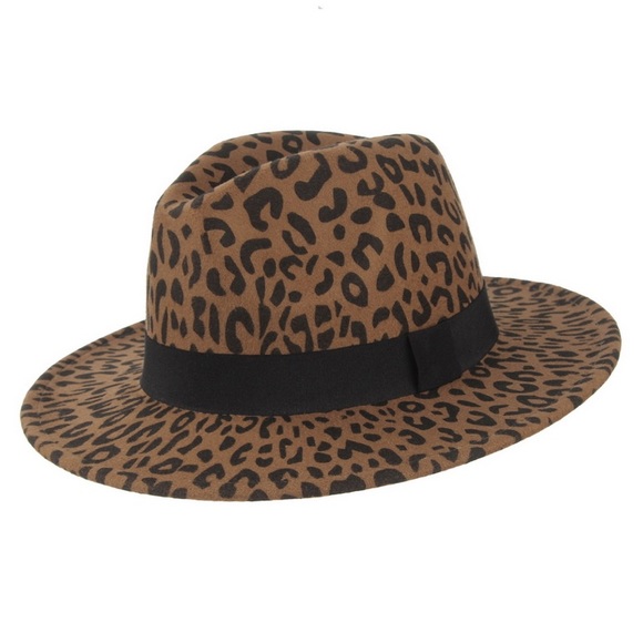 Accessories - Brown Leopard Ribbon Wool Felt Fedora Hat